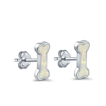Dog Bone Stud Earrings Lab Created White Opal 925 Sterling Silver (5mm)